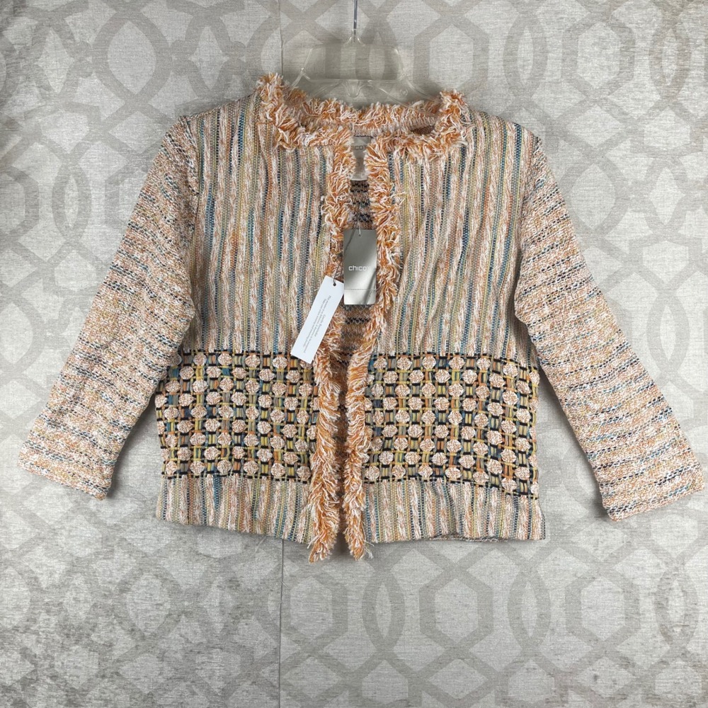 Chico's Bonnie Fringe Cardigan Womens 0 Small Orange Multi NWT Textured Sweater